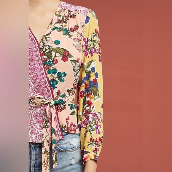 ANTHROPOLOGIE Floral Patchwork Wrap Blouse by MEADOW RUE - Picture 4 of 16